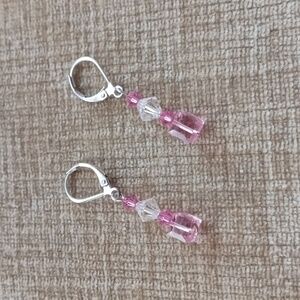 Leverback Silver Tone Pink Clear Beaded Crystal Drop Earrings
